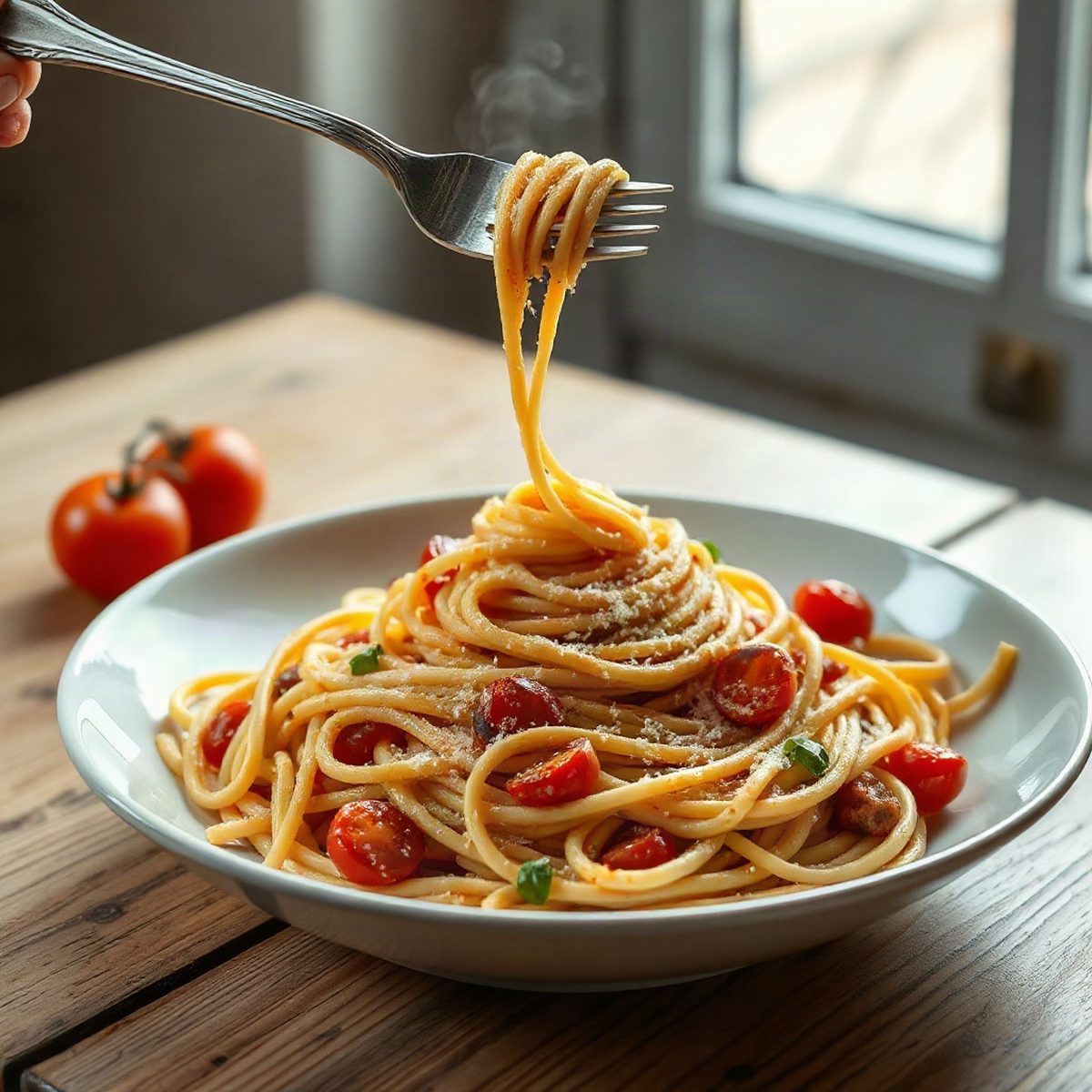 Spaghetti au porc haché, fenouil et tomates fraîches