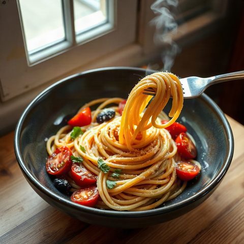 Spaghetti aux calamars sautés, tomates et céleri