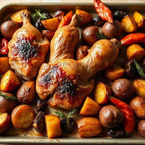 Cuisses de poulet rôties au paprika fumé, pommes de terre et poivrons