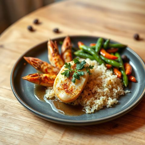 Crevettes à l'ail et au citron, riz aux poivrons