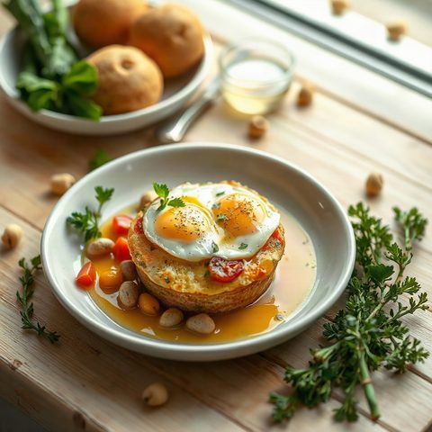 Muffins anglais gratinés au brie, œufs brouillés et poivrons