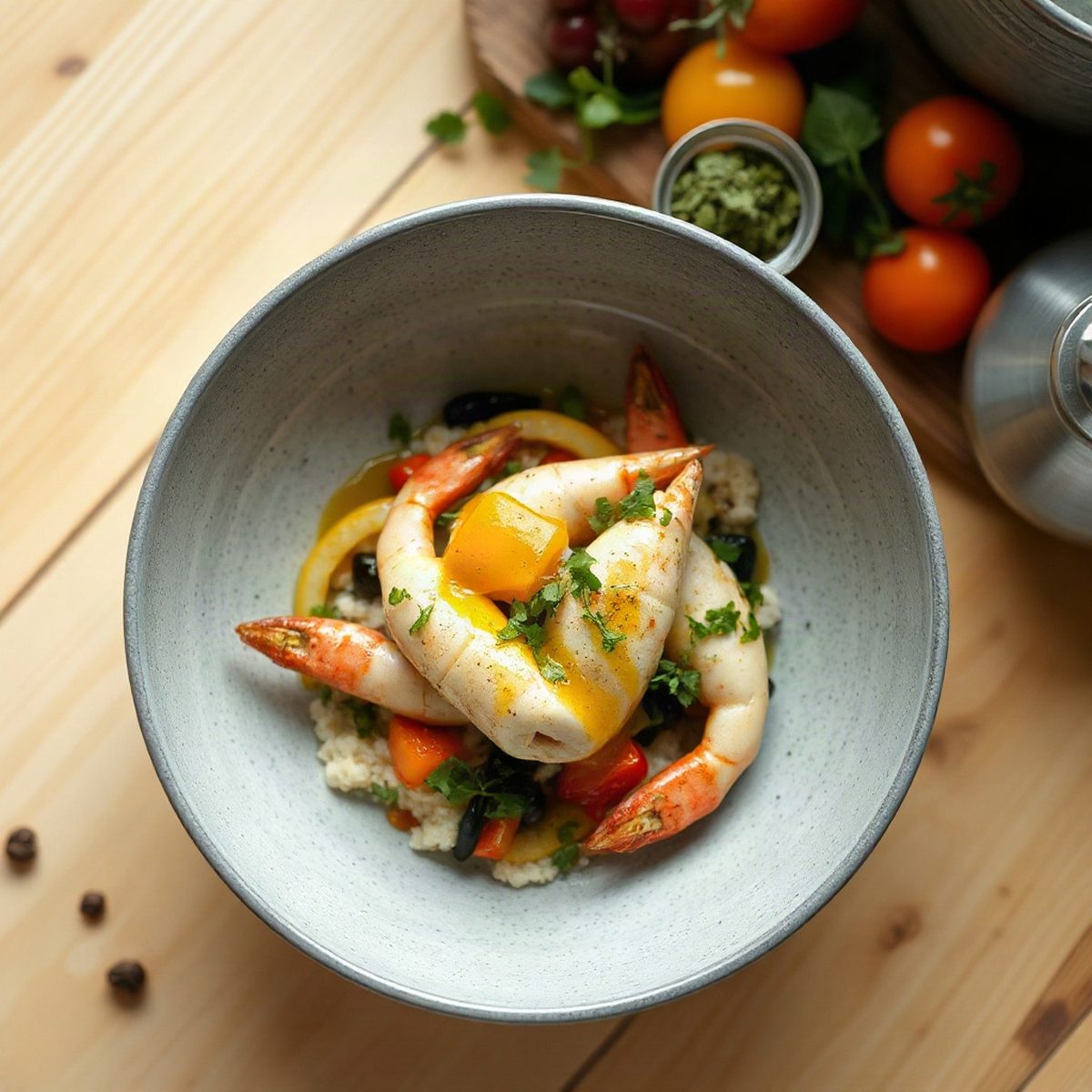 Crevettes sautées à l'ail, légumes croquants et riz citronné