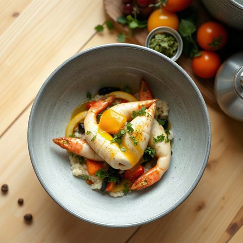 Crevettes sautées à l'ail, légumes croquants et riz citronné