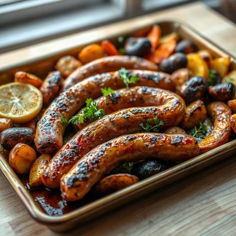 Saucisses viennoises grillées, chou braisé et pommes de terre rôties