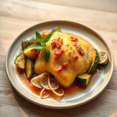Thon jaune poêlé, salsa de mangue et courgettes grillées