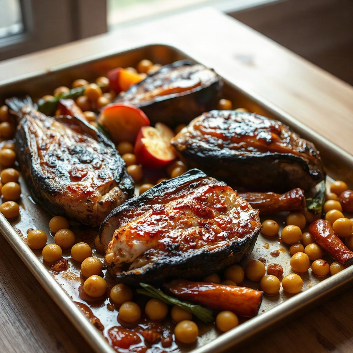 Morue rôtie au paprika fumé, pois chiches et épinards