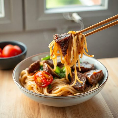 Bavette de bœuf marinée sautée au gingembre et aux tomates de serre sur nouilles de riz