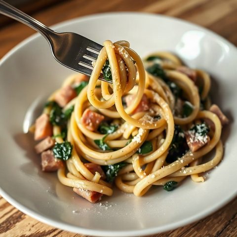 Pâtes crémeuses au pesto, jambon et épinards