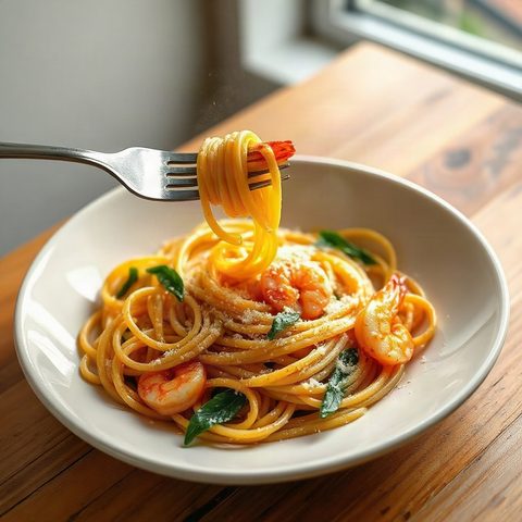 Crevettes à l'ail et poireaux sur spaghetti citronné