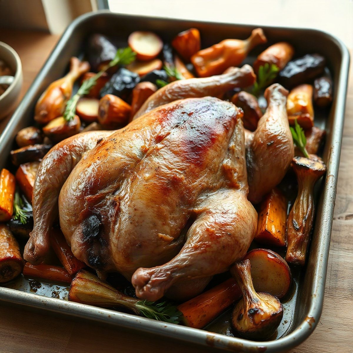 Poulet entier rôti à l'ail et aux légumes racines