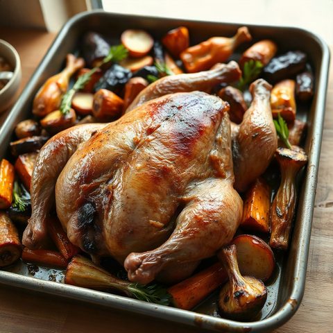 Poulet entier rôti à l'ail et aux légumes racines