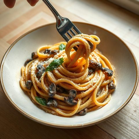 Pâtes crémeuses aux champignons et aux épinards