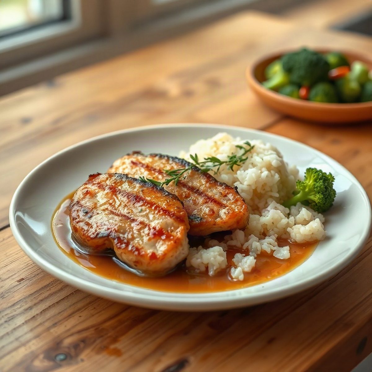 Honey-Mustard Pork Chops with Broccoli and Rice