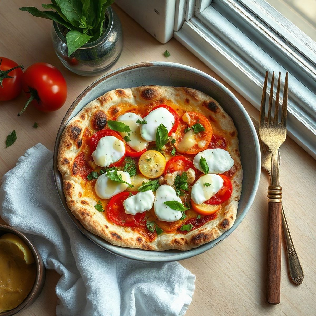 Naan Pizzas with Peppers, Spinach and Cheese