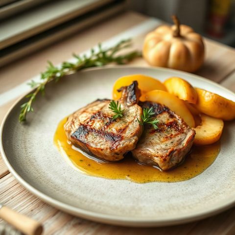 Côtelettes de porc glacées au miel et aux pommes