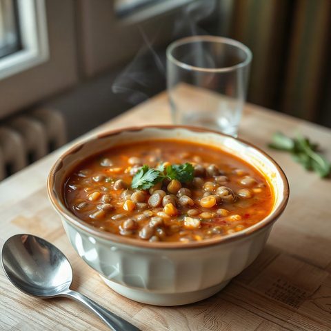 Soupe-repas aux lentilles, épinards et fromage Kaiser