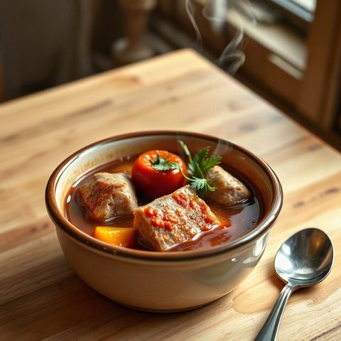 Ragoût de porc aux tomates et navet, pâtes courtes