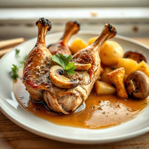 Cuisses de poulet braisées aux champignons et pommes de terre