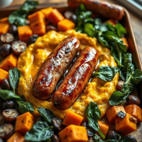 Saucisses Cochonnailles rôties, purée de courge butternut et épinards à l'ail