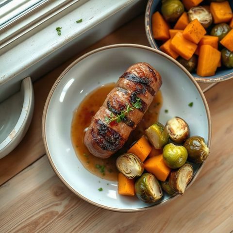 Poêlée de saucisses cochonnailles, courge butternut et choux de Bruxelles