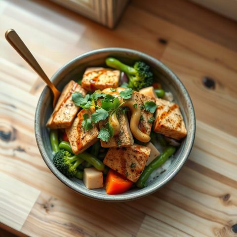 Bol de tofu laqué à l'érable, brocolis et edamames