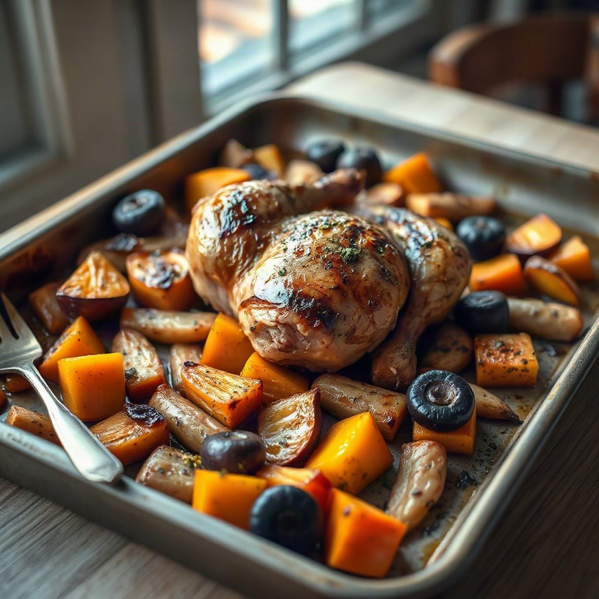 Poulet de grain rôti sur courge butternut et pommes de terre