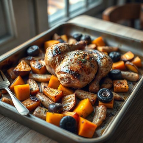 Poulet de grain rôti sur courge butternut et pommes de terre