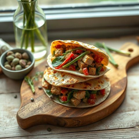 Tofu brouillé aux poivrons et épinards dans des tortillas