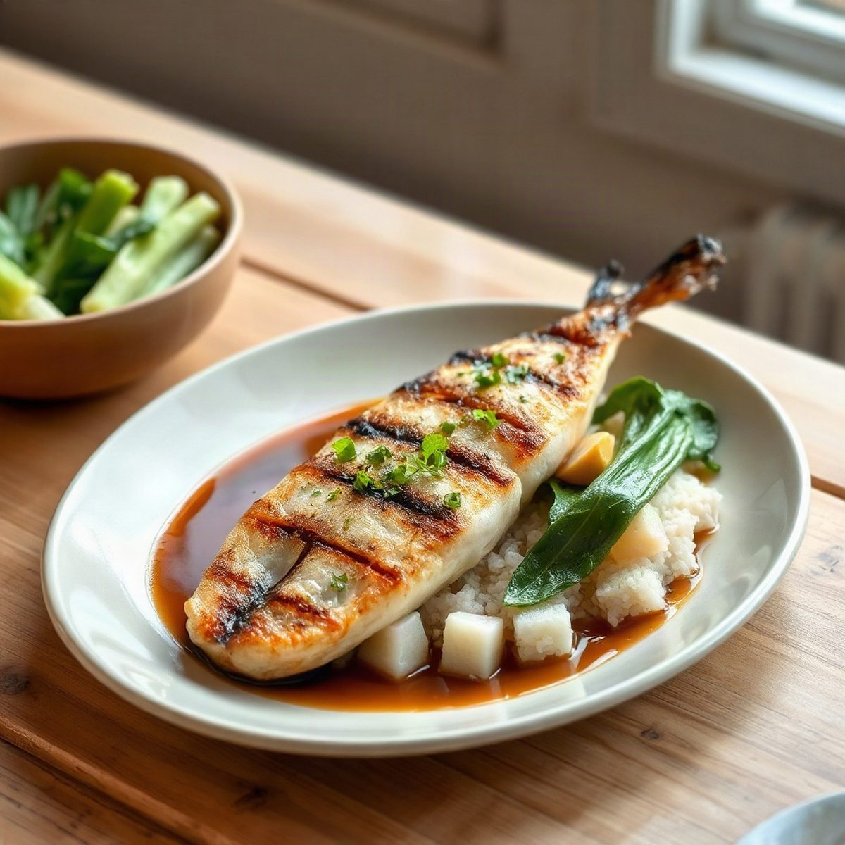 Soy-Glazed Pangasius with Rice and Sautéed Yu Choy