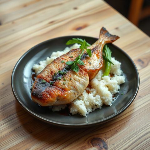 Pangasius poêlé à l'asiatique, riz et yu choy