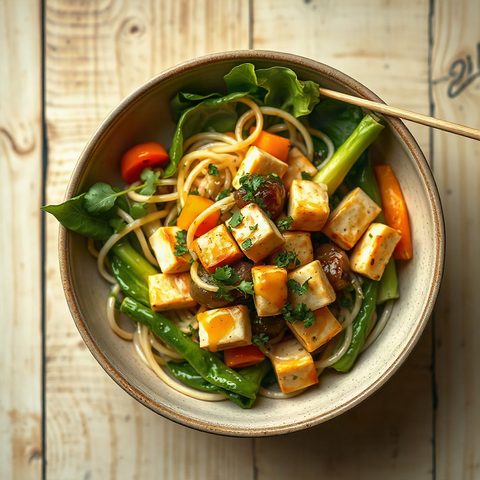 Sauté éclair de tofu épicé, enoki et bok choi