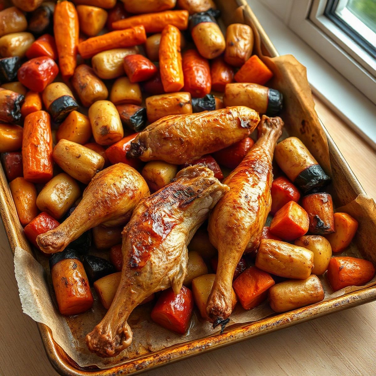 Pilons de poulet rôtis au paprika fumé, pommes de terre et carottes