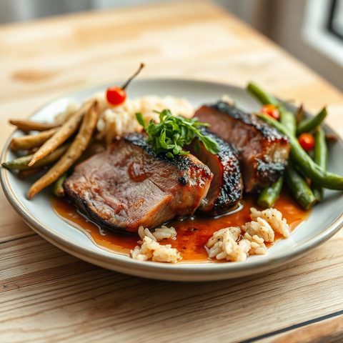 Côtes levées de porc laquées au miel et à la sauce soya, riz aux piments verts