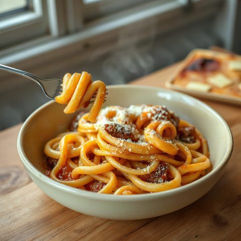 Gratin de pâtes au porc et mozzarella