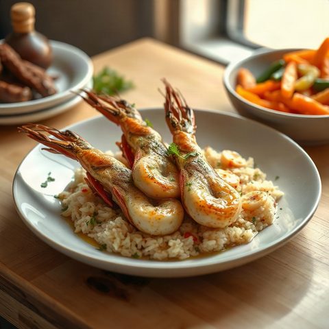 Crevettes argentines sautées à l'ail et au citron, riz aux piments