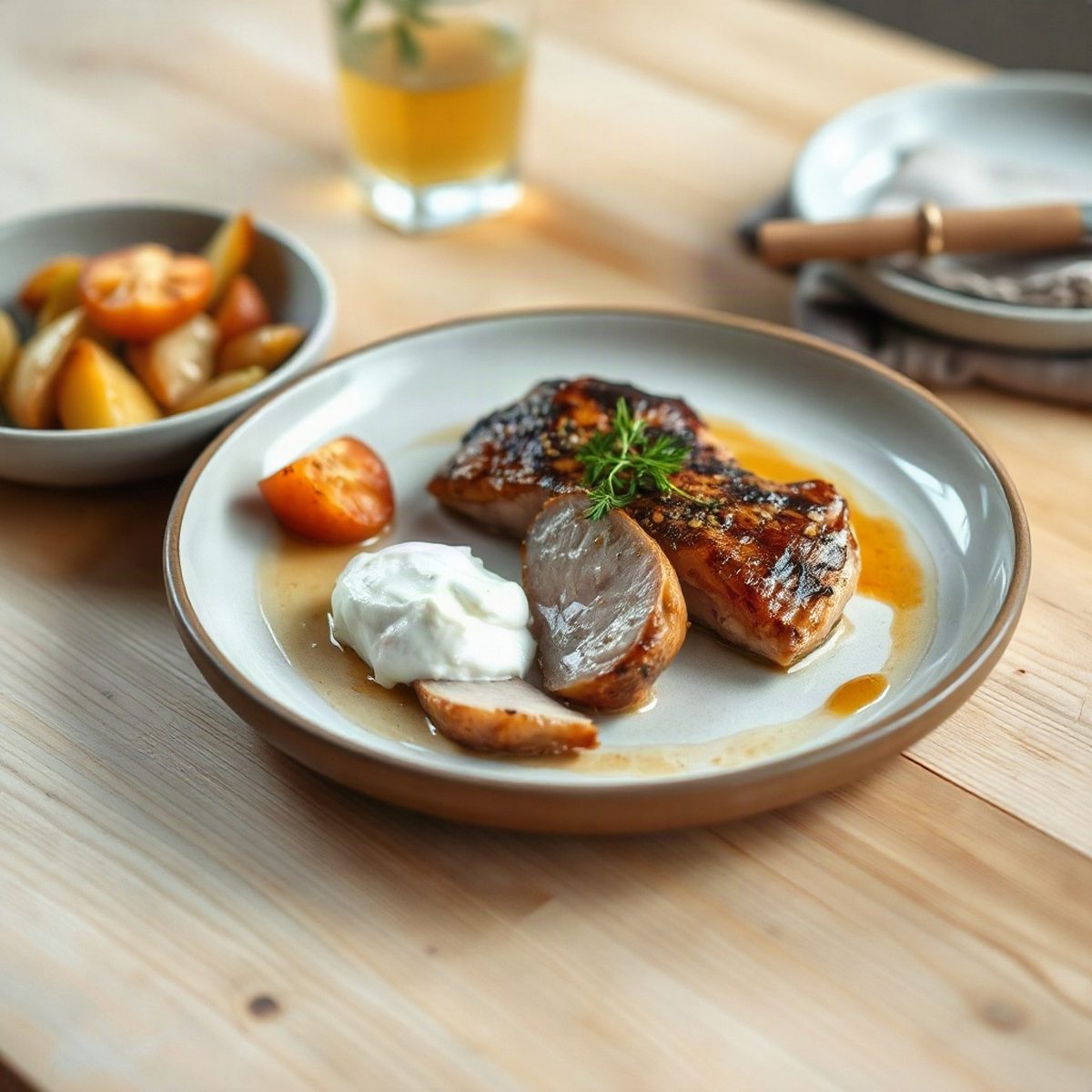 Pork Cutlets with Apples and Creamy Oyster Mushrooms