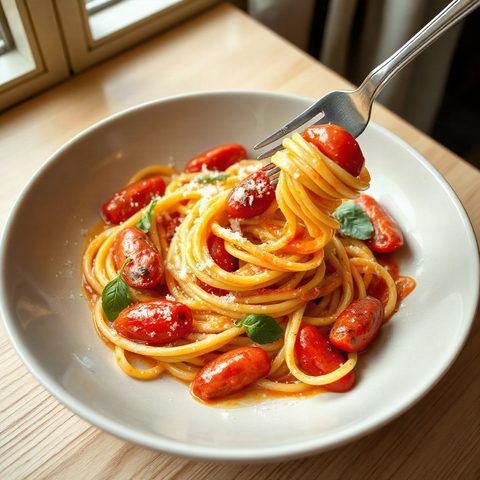 Linguines aux crevettes, ail et tomates