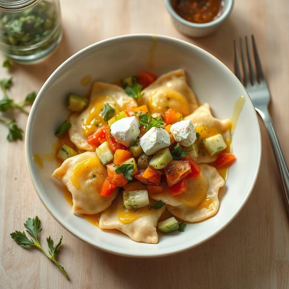 Crispy Perogies with Peppers and Goat Cheese
