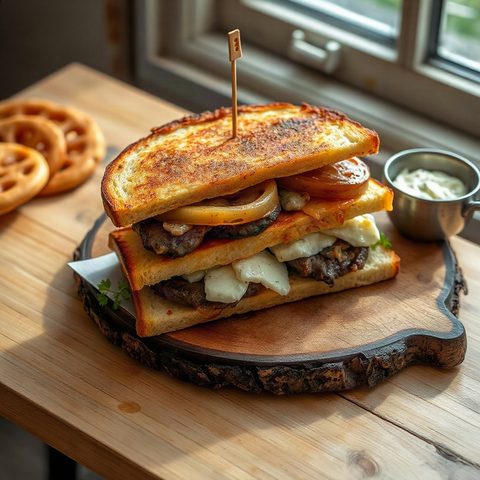 Sandwich chaud au rôti de bœuf, oignons caramélisés et fromage bleu