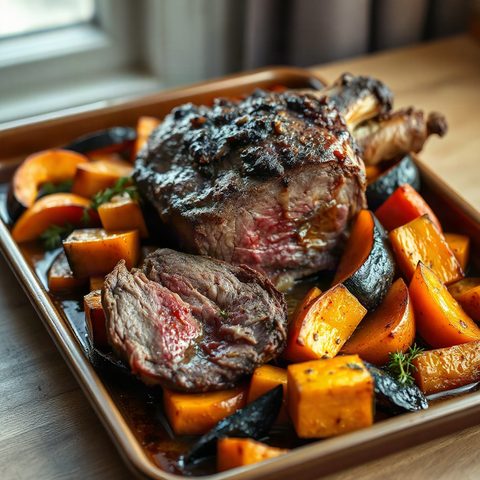 Rôti de côtes braisé aux courges et patates douces