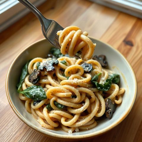 Macaroni crémeux aux champignons et épinards