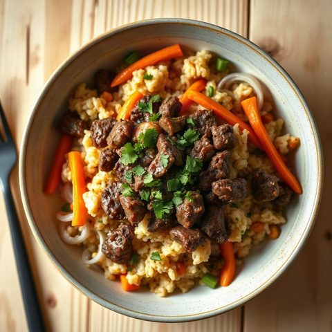 Bols de riz sauté au bœuf haché, carottes et oignons
