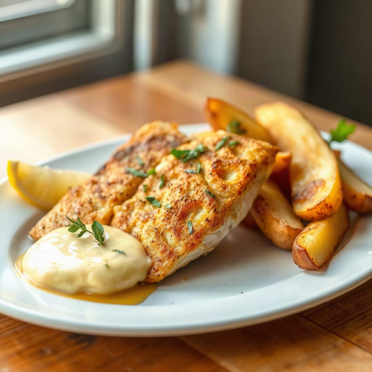 Filets de poisson croustillants, quartiers de pommes de terre et tartare au citron