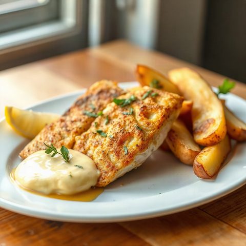 Filets de poisson croustillants, quartiers de pommes de terre et tartare au citron