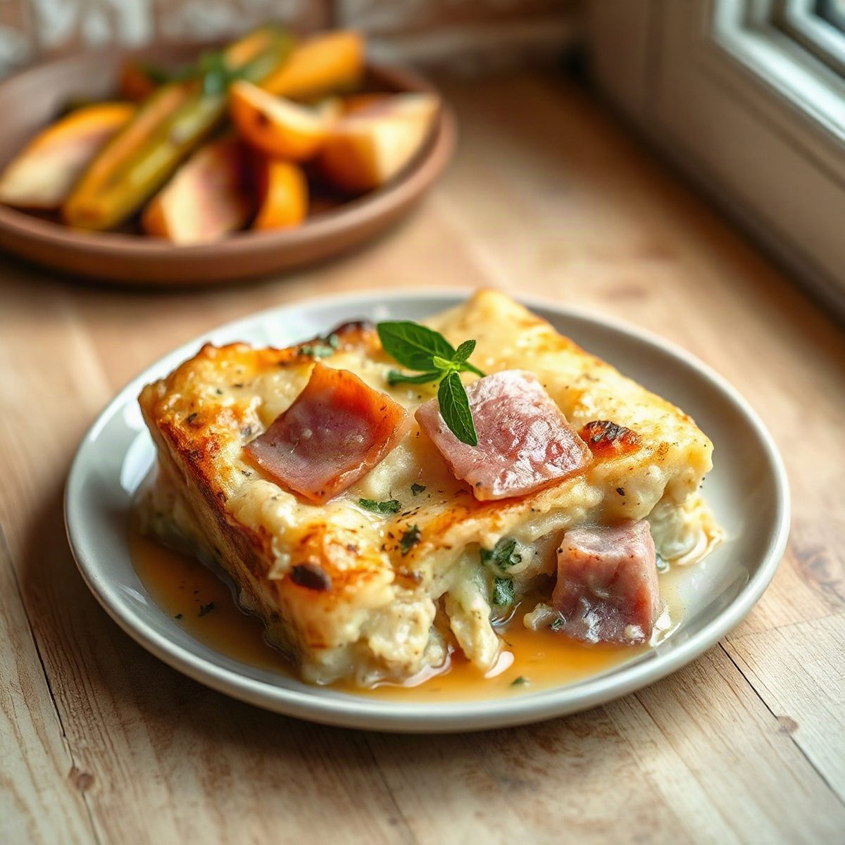 Creamy Potato, Leek and Smoked Ham Gratin