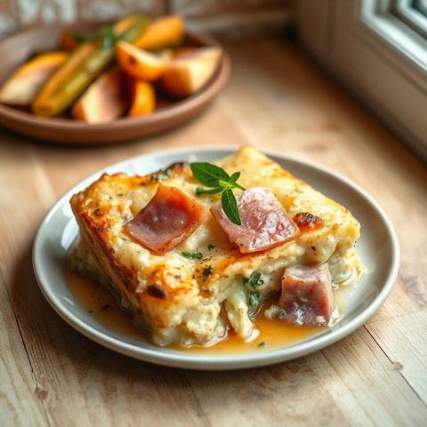 Gratin de pommes de terre, poireaux et jambon fumé