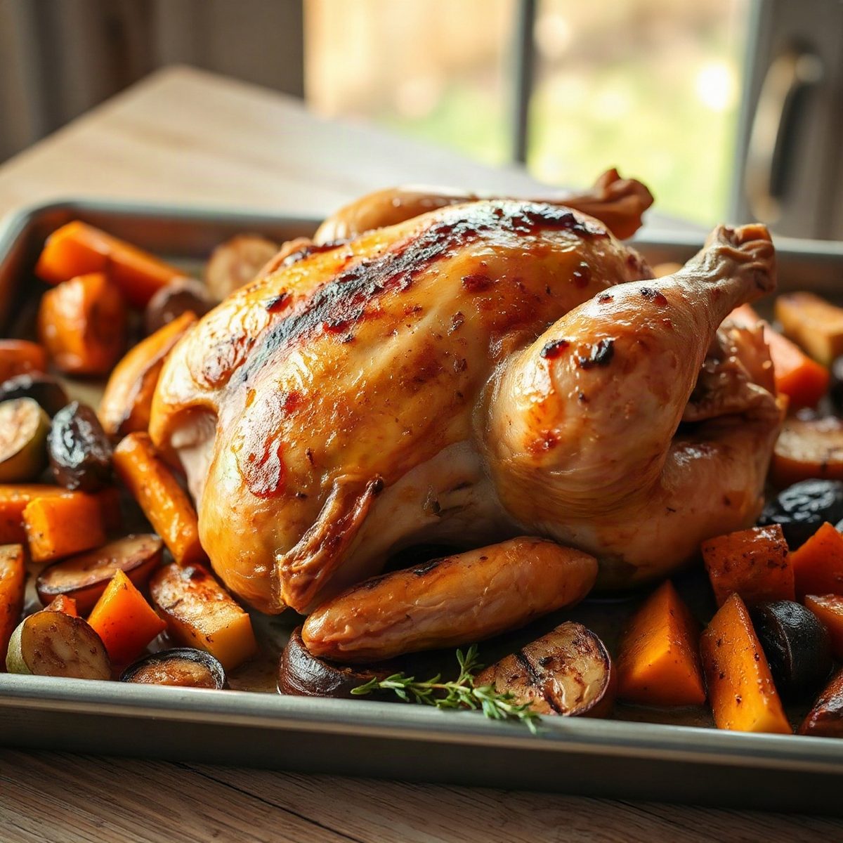 Poulet entier rôti aux légumes d'automne