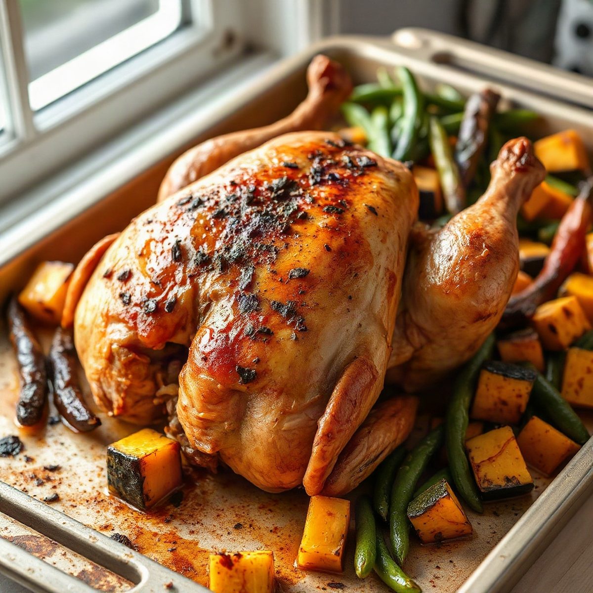Poulet rôti au paprika fumé, courge et haricots verts