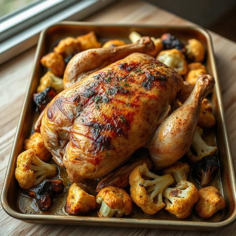 Poulet entier rôti au fenouil et chou-fleur