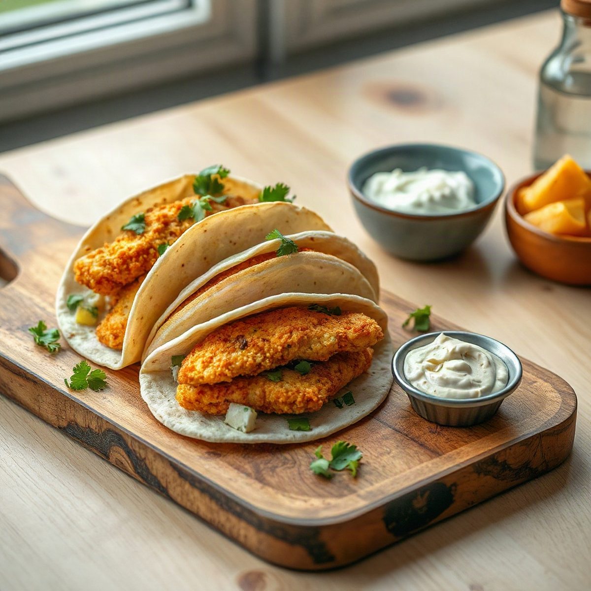 Crispy Breaded Fish Tacos with Hummus